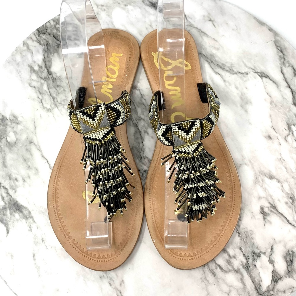 Sam Edelman Anella Beaded Fringe Flip Flops 7.5 Geometric Bohemian Western Artsy - Picture 7 of 16